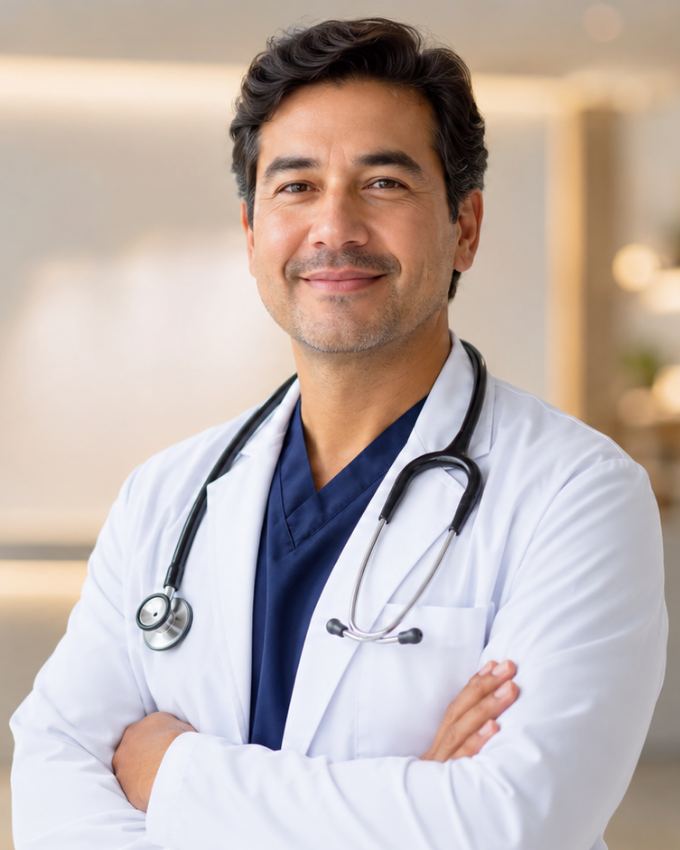 Dr. João Silva, médico nutrologista, de jaleco branco e estetoscópio, em seu consultório